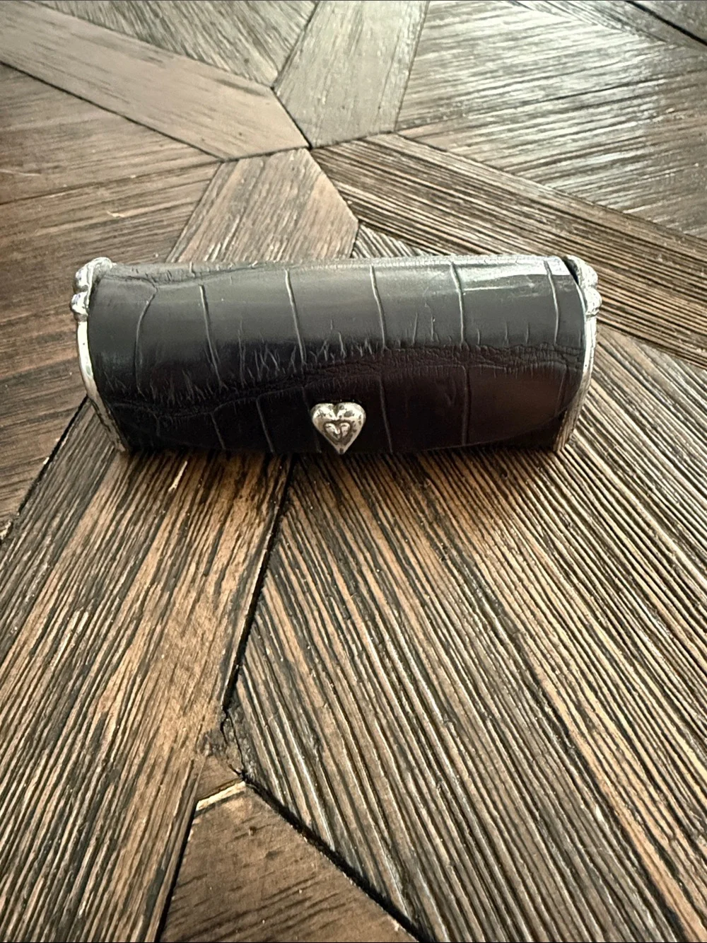 Brighton Black Croc Embossed Leather Lipstick Case Heart Snap Mirror Makeup Hold